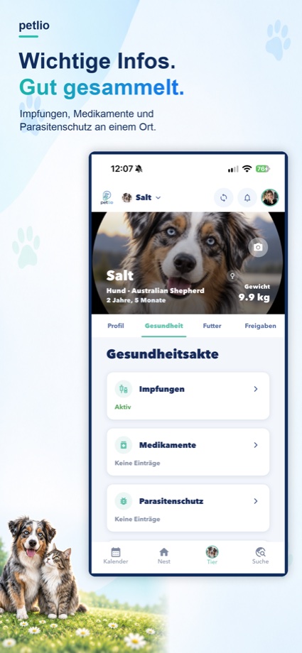 Petlio-Gesundheitsakte mit Impfungen, Medikamenten und Parasitenschutz